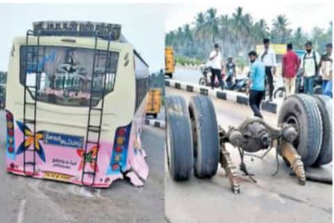 విడిపోయిన వెనుక టైర్లు.. టైర్లు లేకుండానే రోడ్డుపై పరుగులు తీసిన బస్సు
